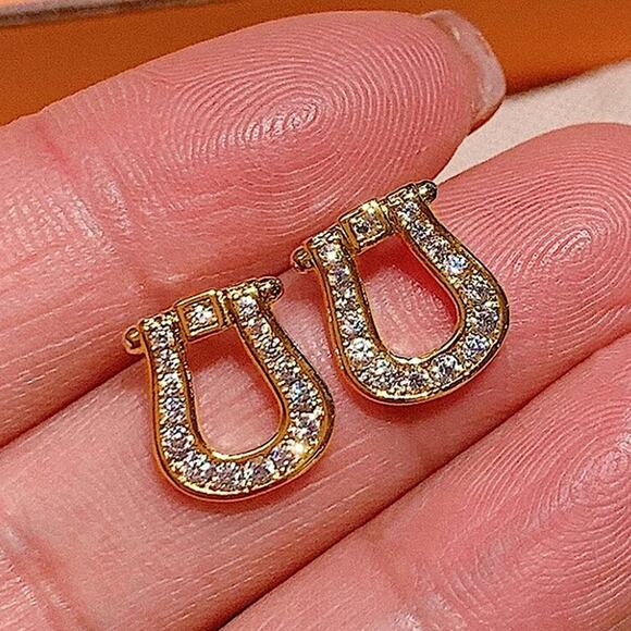 Gold Zircon Horseshoe Earrings, Stud, Horse bit, Snaffle, D R… - Picture 1 of 4